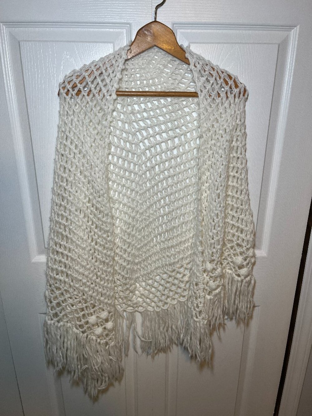 Boho Crochet Fringe Shawl Wrap Ivory Open Knit One Size